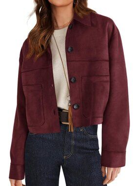 Women's Faux Suede Cropped Jacket Fall Fashion Winter Coats Outerwear Burgundy